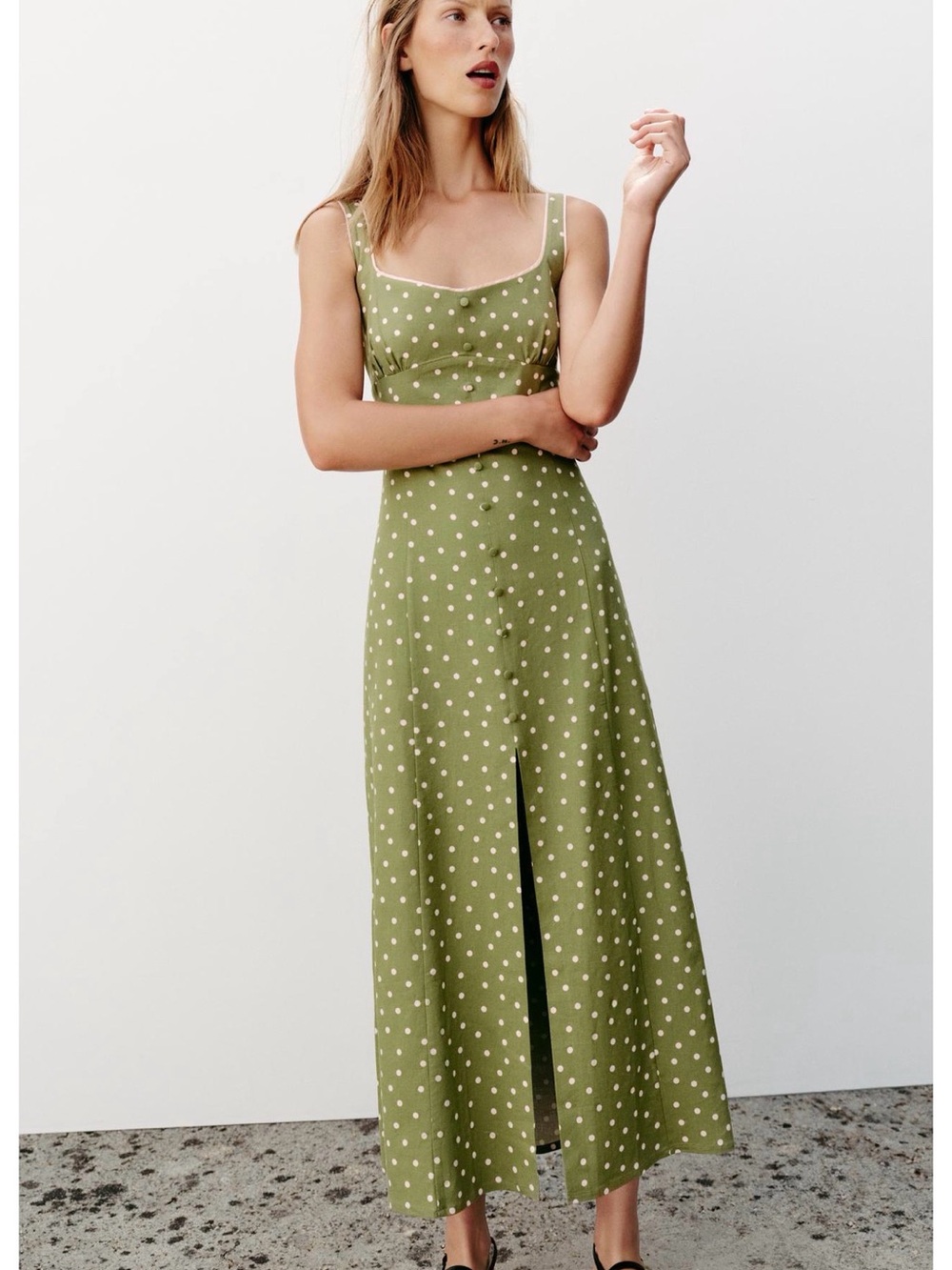 Linen Olive Green Polka Dot Midi Dress - Picture 3 of 10
